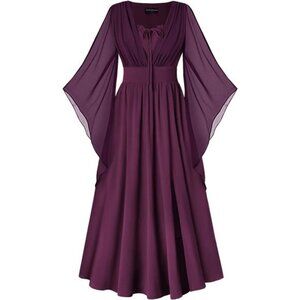 Women's Renaissance Dress Bell Sleeve Fairy Dress Split Maxi Dress with Pockets
